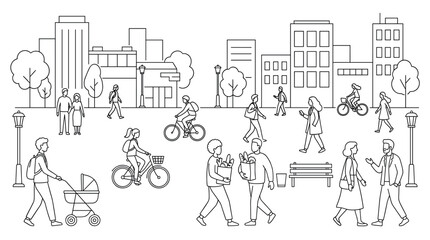 Black and white line art illustration of diverse people walking and cycling on a busy city street with modern buildings in a clean, minimalist outline style