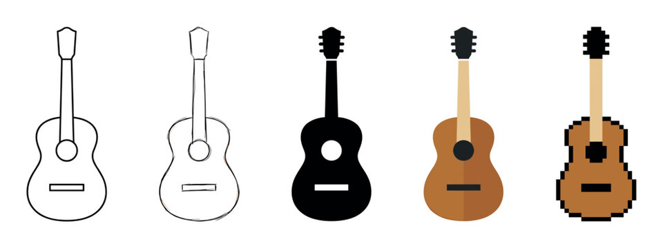 Collection of acoustic guitar vector illustrations presented in various styles like clean outline, hand-drawn sketch, simple silhouette, modern flat design, and retro pixel art