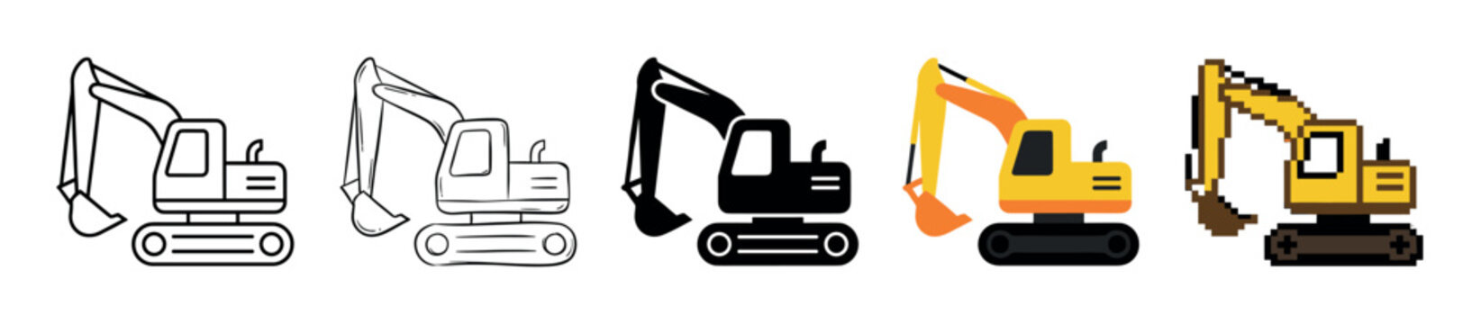 Excavator heavy machinery icon set showing different graphic styles from simple line art and silhouette to colorful flat design and pixel art for construction concepts