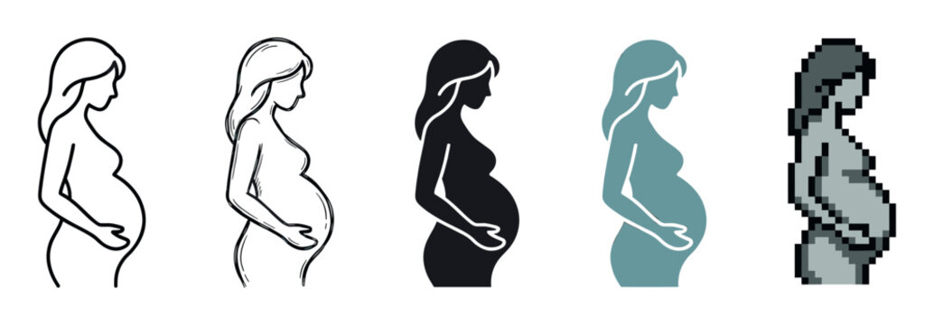 Set of five pregnant woman icons showing different artistic styles including line art, sketch, solid silhouette, and pixel art for maternity and motherhood concepts