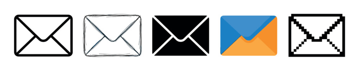 Set of five mail envelope icons in various graphic design styles including line art, hand-drawn sketch, solid silhouette, modern flat color, and retro pixel art