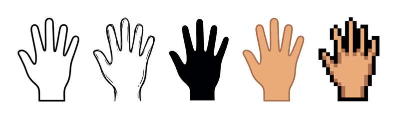 Fototapeta premium Set of five human hand illustrations in various design styles like line art, solid silhouette, flat color cartoon, and retro 8-bit pixelated graphics