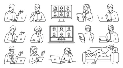 Set of black line art illustrations depicting diverse people working from home, participating in video conferences, webinars, and online meetings using various digital devices