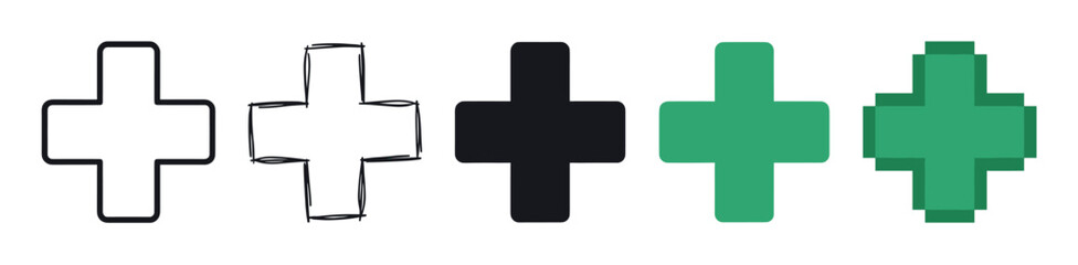 Fototapeta premium Set of five plus sign icons in various styles including outline, hand-drawn sketch, solid fill, and pixel art, showing a collection of graphic design elements