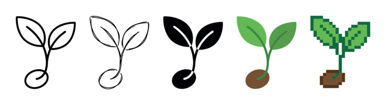 Set of five plant sprout icons showing different graphic styles including line art, silhouette, flat design, and pixel art for concepts of growth and new beginnings