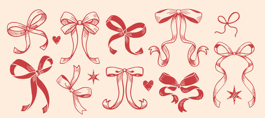 A hand-drawn illustration of coquettecore style red ribbon bows. This isolated doodle graphic set is perfect for adding a flirty, girly touch to invitations, cards, and digital projects.
