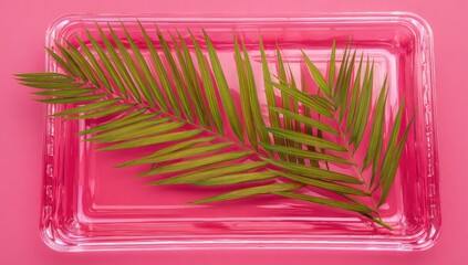Green palm frond rests within a clear rectangular dish on a pink background.