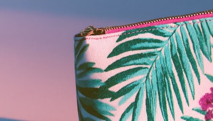 Close-up of a tropical print pouch with a zippered closure.