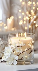 Lit candle with white blossoms and string lights in a glass holder.