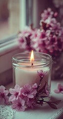 Candle burns near pink blossoms by a window in soft light.