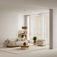 Warm daylight and natural textures shape this minimalist interior, where soft materials and wooden details combine with open negative space to create a clean and visually quiet environment