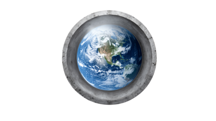 A view of Earth from a concrete porthole, symbolizing our planet's beauty and fragility, set against a black background.
