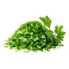 Obraz premium Chopped parsley, vibrant green, isolated on a white background. Perfect for culinary presentations and food preparation.