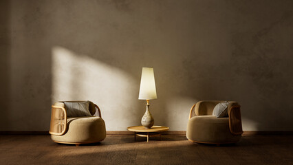 Warm neutral interior with soft shadows, refined textures and spacious negative space for modern cozy living visuals. 3D illustration
