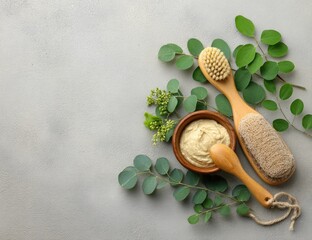 Natural beauty items and eucalyptus leaves arranged on a gray surface.