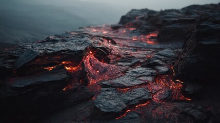Volcanic gradients of molten red fade into deep charcoal across jagged stone textures Razor-sharp edges capture shadows with