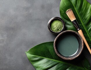 Herbal cosmetic ingredients and application brush rest on natural leaves.