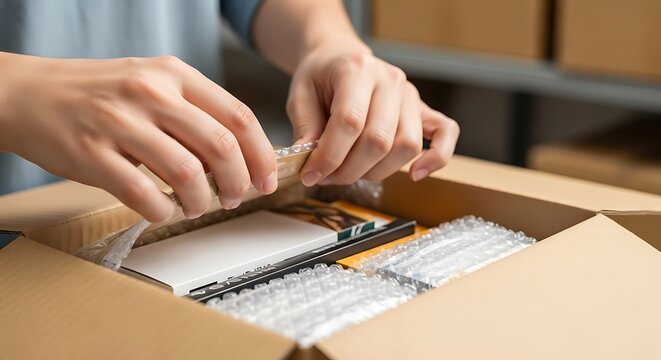 Careful hands preparing fragile items for safe shipping, secure packing