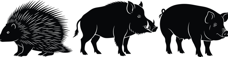 Black silhouette collection of a prickly porcupine wild forest boar and a domestic farm pig isolated on a white background © prof.design