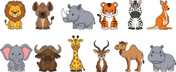 Fototapeta premium Cute cartoon wild animals collection featuring lion tiger elephant giraffe zebra rhino hippo and kangaroo characters for kids education and nursery decor.