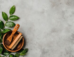 Wooden grooming tools rest in a bowl surrounded by fresh green leaves.