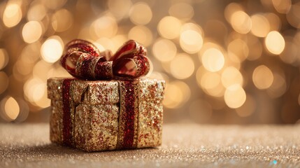 Beautifully wrapped gift box with red ribbon on sparkling background