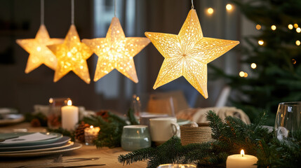 Close-up of glowing string lights shaped like stars, hanging above a festive table set with holiday-themed dishes, candles, and sprigs of pine 