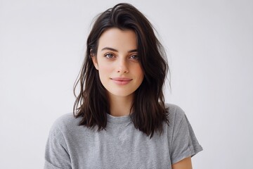 Obraz premium Beautiful woman with shoulder-length dark brown highlighted hair wearing oversized light grey t-shirt neutral expression slight smile looking at camera white background waist-up shot