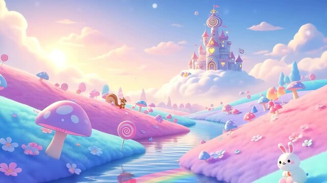 Whimsical fantasy landscape with a castle on a cloud surrounded by colorful mushrooms and animals in a dreamy scenery