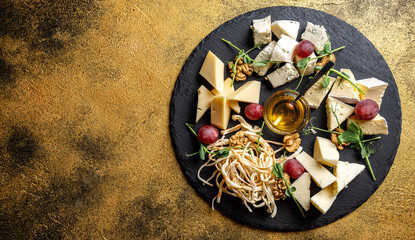 Artisan cheese platter top view with honey