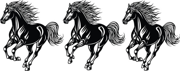 Set of black running horse silhouettes with flowing manes and tails isolated on white background for equestrian sports and wildlife © prof.design