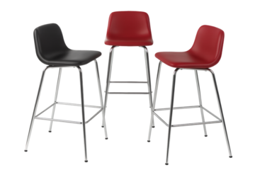 Bar stools in different colors on white background with modern design and metal legs for furniture catalog