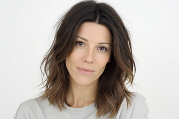 Fototapeta premium Beautiful woman with shoulder-length dark brown highlighted hair wearing oversized light grey t-shirt neutral expression slight smile looking at camera white background waist-up shot