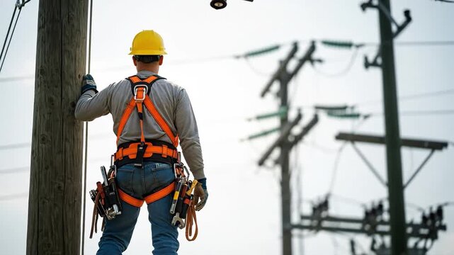 Male Construction Worker in Safety Gear Reflecting Near Power Lines and Poles