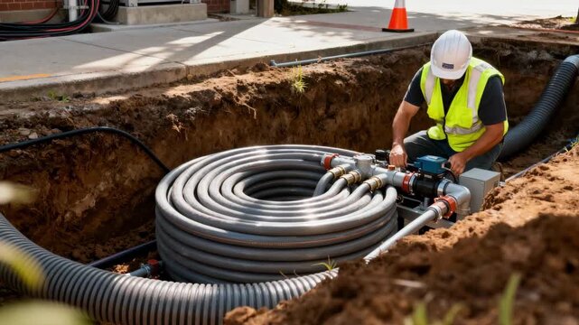 Worker installs geothermal loop system components underground showcasing ecofriendly HVAC setup designed to reduce carbon footprint in urban environment.