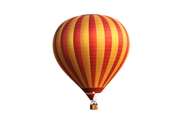 Obraz premium Hot air balloon in vibrant red and yellow stripes with basket in bright sunny lighting for travel advertising