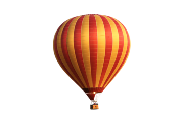 Hot air balloon in vibrant red and yellow stripes with basket in bright sunny lighting for travel advertising