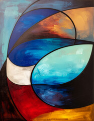 Abstract geometric painting with vibrant multicolor shapes and textured acrylic brush strokes