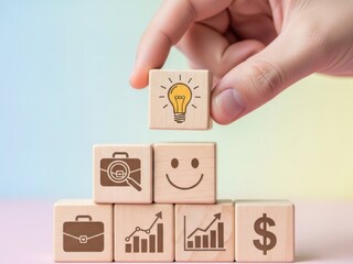 A hand holding a wooden block with a lightbulb symbolizing a new idea