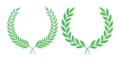 Green laurel wreath. Green silhouette laurel foliate wreaths, award, achievement, chaplet, heraldry, nobility. Green leaf silhouette