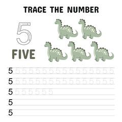 Trace the Number 5 Worksheet for Preschoolers with Dinosaurs