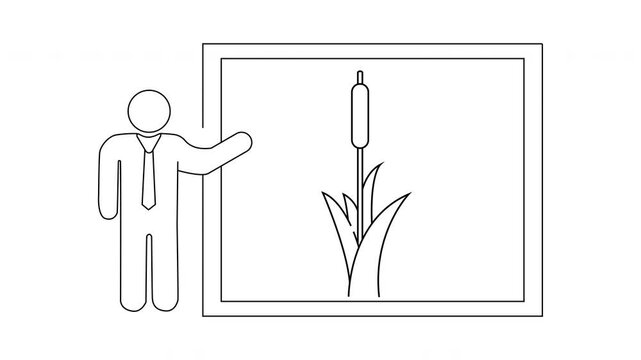 A man in a suit gestures toward a framed illustration of a cattail plant