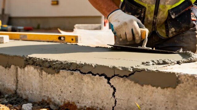 Medium shot of a repair specialist smoothing mortar over a cracked concrete foundation focusing on durable patching and surface finishing methods.