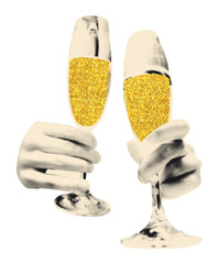 Hands holding champagne flute glasses halftone collage element. Celebratory toast, cheers, cin cin. Cut out party sticker with gold glitter texture Modern retro vector illustration