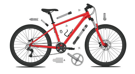 A detailed illustration of a red mountain bike with its components disassembled and laid out, showcasing parts for assembly or repair.