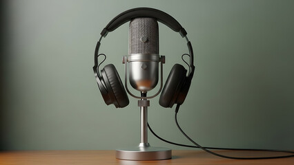 Professional recording studio microphone with headphones on a wooden desk setup