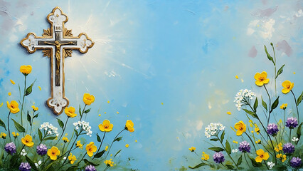 Beautiful Christian Cross with Colorful Flowers on Blue Background for Easter or Faith