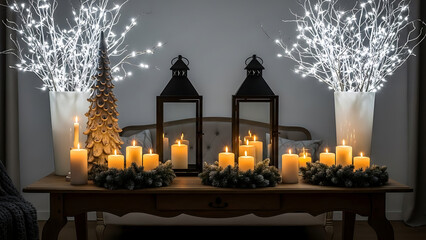 Cozy Christmas Decor with Candles, Lanterns, and Fairy Lights on Wooden Table