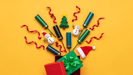 Vibrant Christmas decorations with festive party poppers and holiday gifts on yellow background
