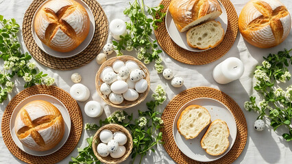 Easter table setting with bread, eggs, and flowers for spring holiday celebration